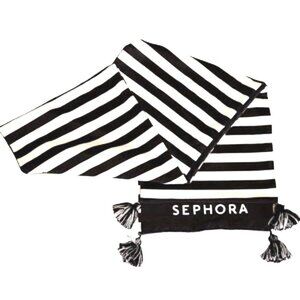Sephora Black White Striped Tassel Scarf Logo Cozy Lightweight Brand New